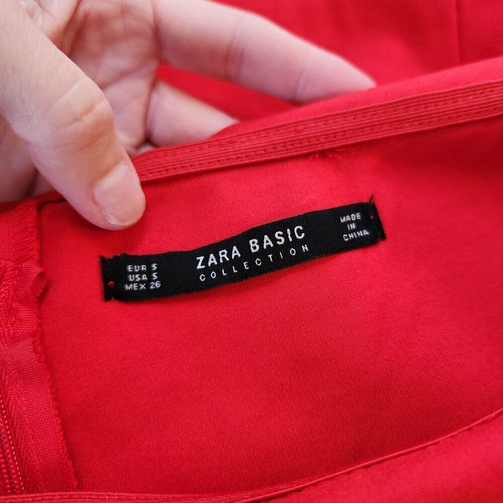 Zara Basic Off-Shoulder Red Midi Cocktail Dress Stretch Ponte Knit Christmas S - Picture 6 of 9